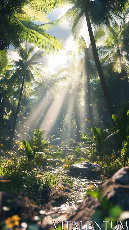 Sunrays weave silver threads through a waking jungle stream