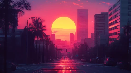 Neon-lit palm avenue frames overscaled sun behind urban skyline