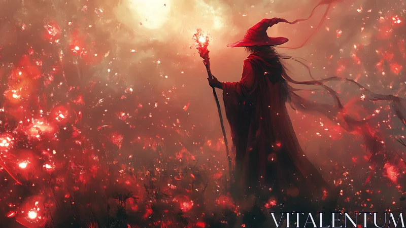 Crimson witch walks through emberlit fog toward a rising spell