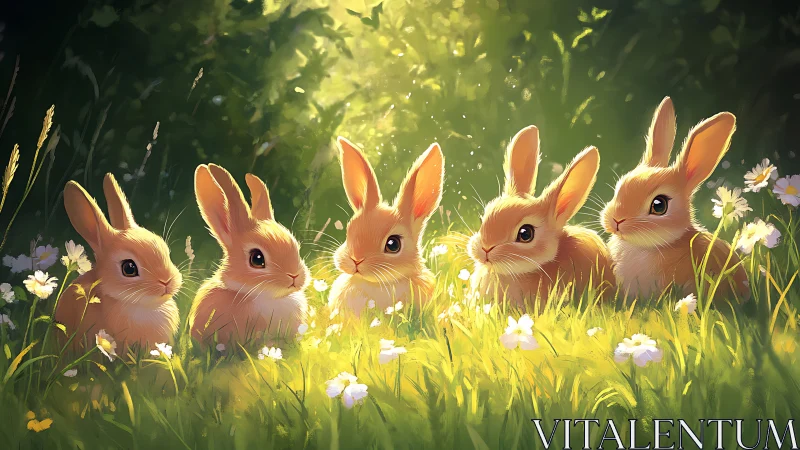 Sunlit meadow gathers five curious baby bunnies in bloom