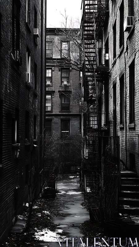 Narrow urban alleyway with fire escapes in winter chiaroscuro