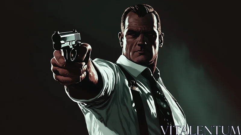 Grim enforcer levels his pistol straight through the frame