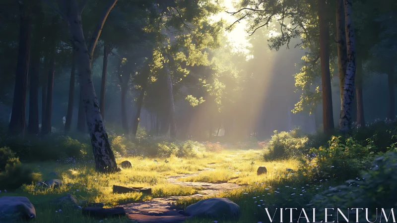 Enchanted Forest Path Glowing with Golden Light.
