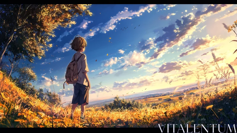 Backlit hillside wanderer under volumetric sunset sky.