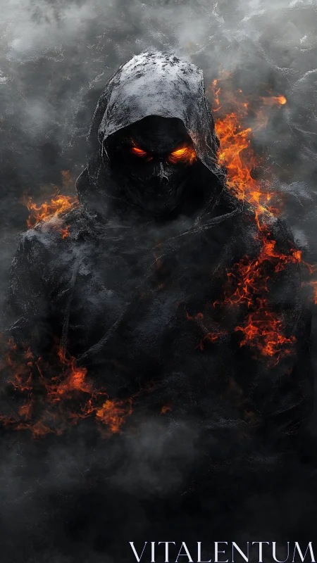 Hooded skull figure with burning eyes stands in heavy smoke