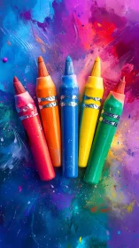 Colored wax crayons aligned on multicolor painted surface.