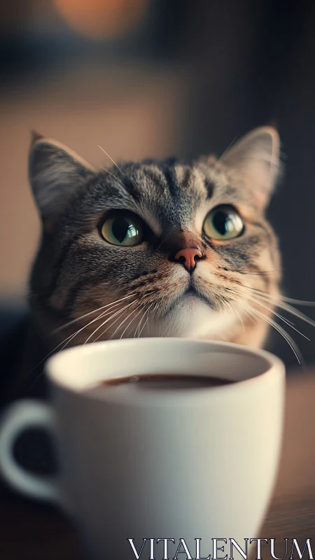 Curious Tabby Cat Gazes Intently at Coffee Cup