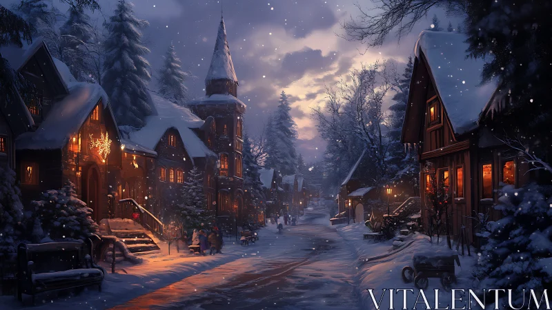 Digital painting of a snow-lit village street at dusk in winter.
