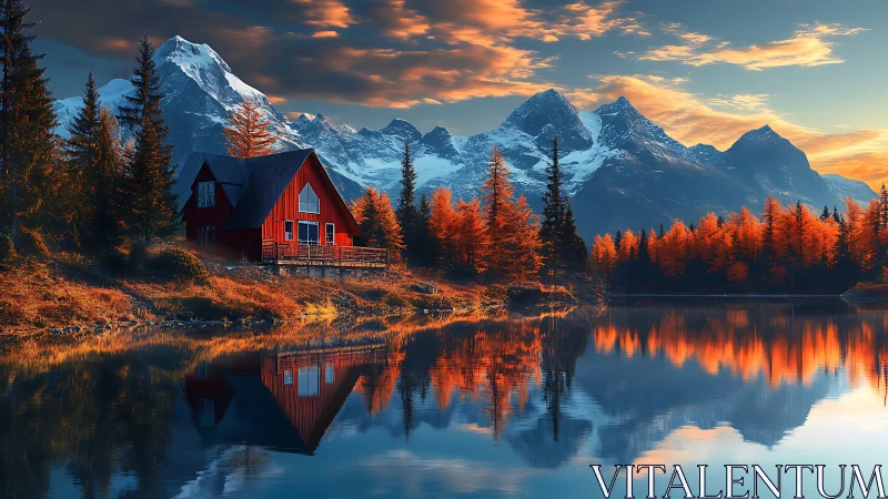 Crimson cabin dreaming beside blazing autumn alpine lake.
