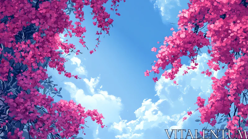 Digital painting of pink floral canopy framing open sky.