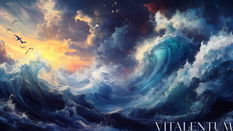 Dynamic storm-tossed seascape renders high-energy wave motion