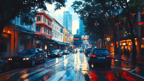 Rain-slick city street with traffic and neon storefronts.