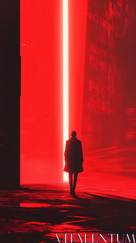 Lone figure walks toward a towering neon red light portal.