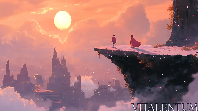 Sunset overlook above a misty futuristic kingdomscape.