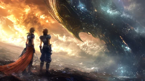 Two armored figures face colossal alien structure at dawn.