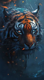 Tiger head in blue water with glowing orange sparks.