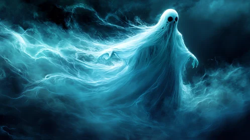 Ghost of electric mist glides through stormlit midnight veil.