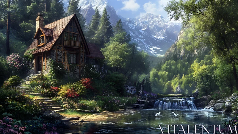 Storybook river cottage under watchful, snowcapped peaks.