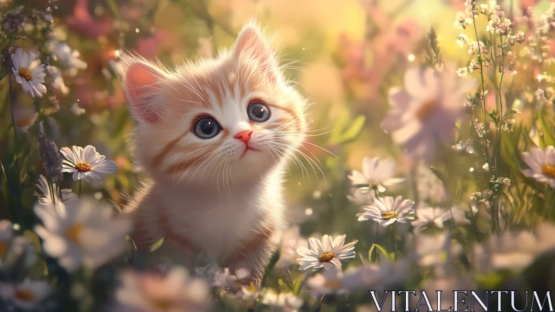 White Fluffy Kitten in Wildflower Meadow.