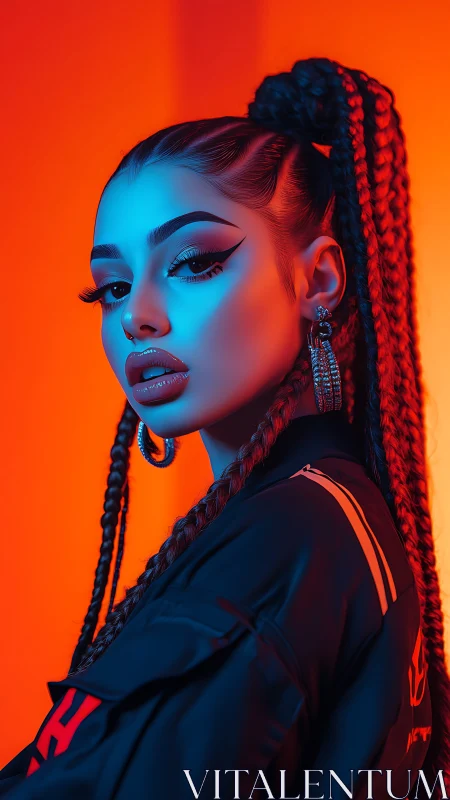 Neon-braided siren in electric cyan and lava orange glow.