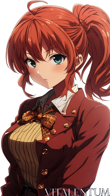 Warmhearted anime student stands in a smart red uniform