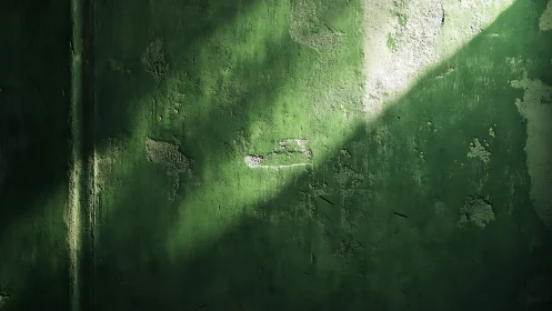 Green painted concrete wall with diagonal light pattern.