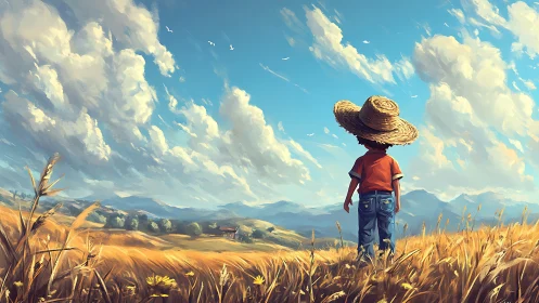 Straw-hatted dreamer gazes across sunlit wheat horizons.