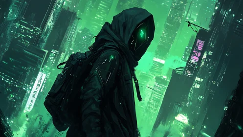 Neon hooded phantom stalking through emerald cybercity night.