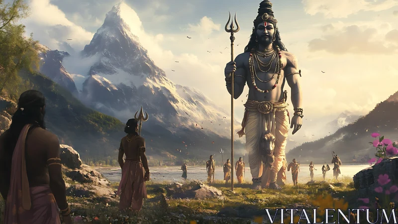 Colossal Shiva deity strides across misty Himalayan valley.