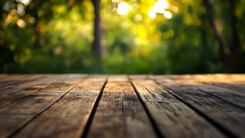 Sunlit wooden table stands against softly blurred forest backdrop.