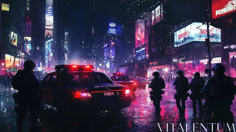 Police patrol in neon city street at night during rain.