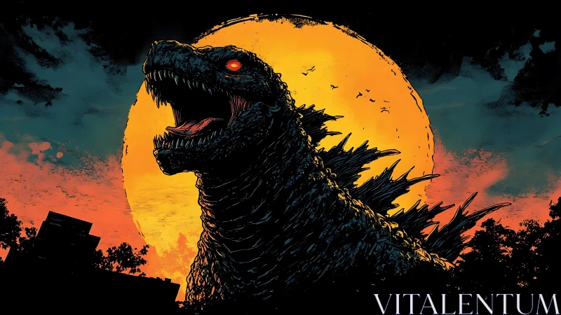 Giant reptilian silhouette stands before backlit full moon