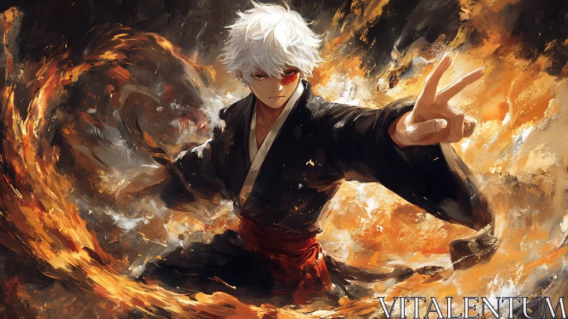 Fire-wielding anime hero in a whirlwind of blazing power.