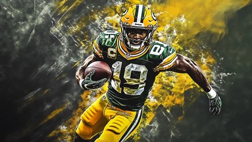 Dynamic football runner in explosive green and yellow burst.
