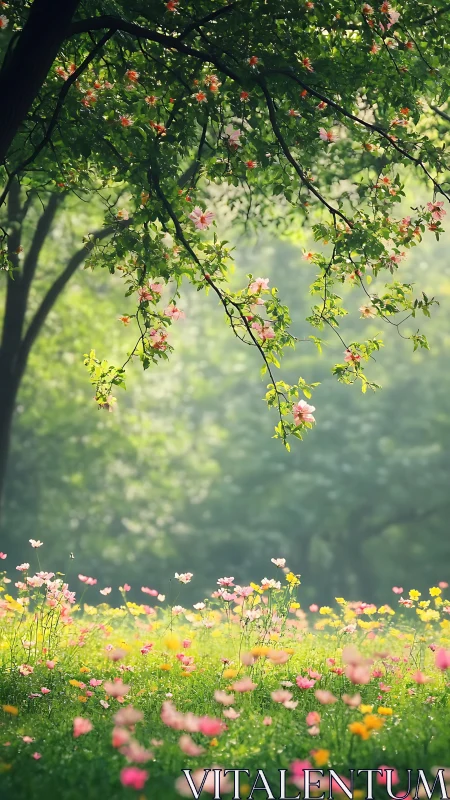 Blossom Canopy Meets Wildflower Garden in Dappled Light