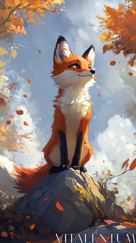 Bright autumn fox surveying a golden leaf filled forest.