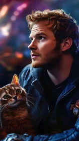 Man in dark jacket with cat against blurred neon backdrop.