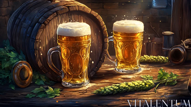 Rustic brewery scene captures two glowing mugs of beer