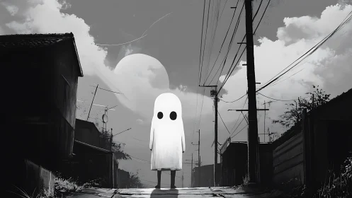 Monochrome ghost figure in deserted alley with power lines
