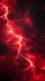 Crimson lightning bolt splitting dark storm sky vertically.