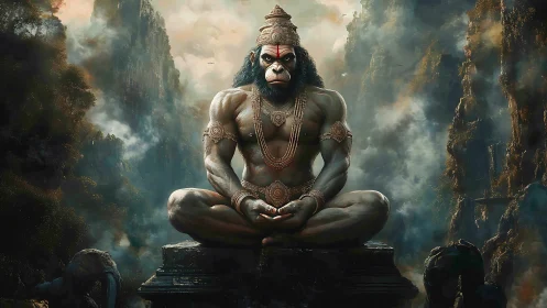 Mythic humanoid ape deity sits cross-legged amid rocky cliffs
