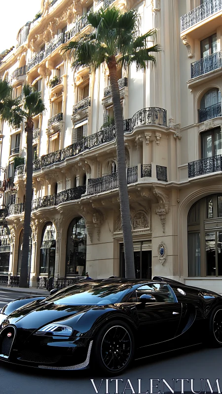 Black supercar parked by ornate palm-lined hotel facade.