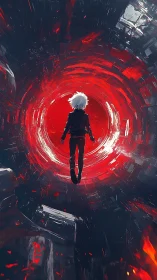 White-haired wanderer walks into roaring red vortex gate.