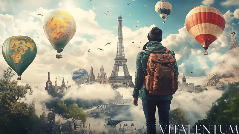 Backpacker overlooks dreamy Paris skyline with hot air balloons.