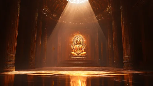 Radiant golden deity in volumetric-lit temple interior chamber.