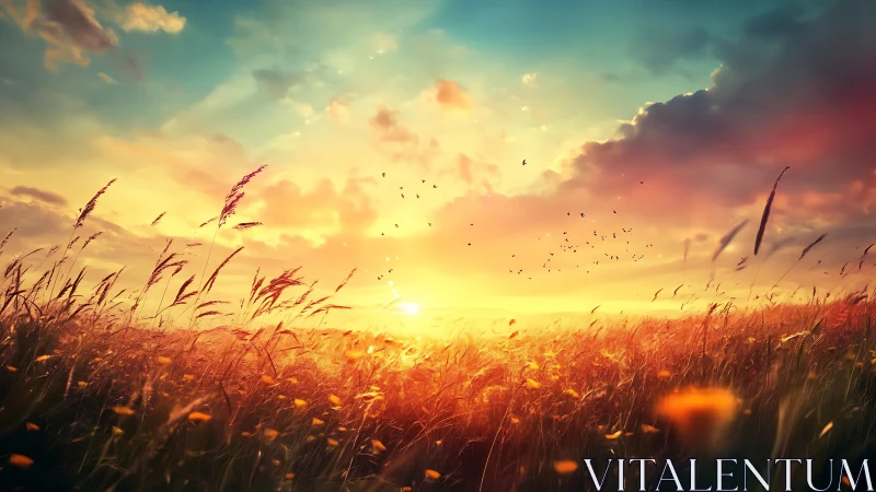 Sunset light over grass field with clouds and birds.