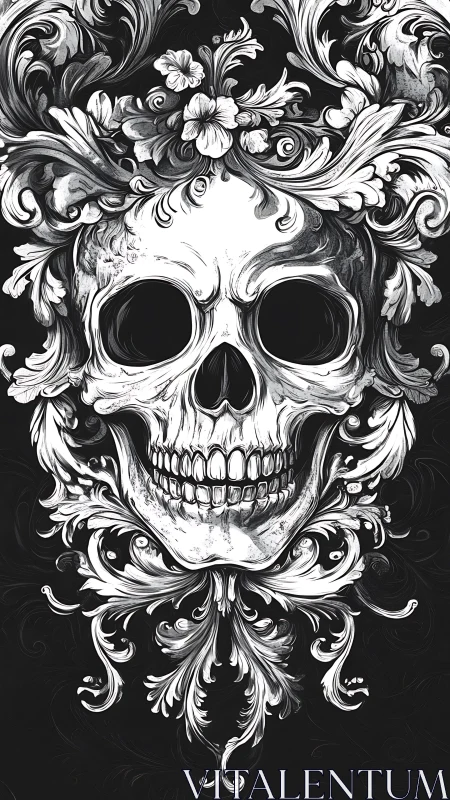 Floral skull framed by swirling vines and quiet elegance.