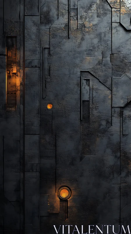 Dark industrial wall with recessed orange illuminated details.