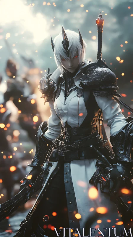 Armored horned warrior amid drifting embers in misty light.