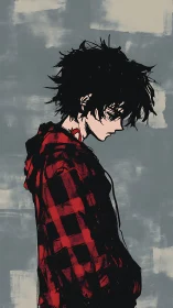 Side-profile anime boy in red plaid jacket looks downward